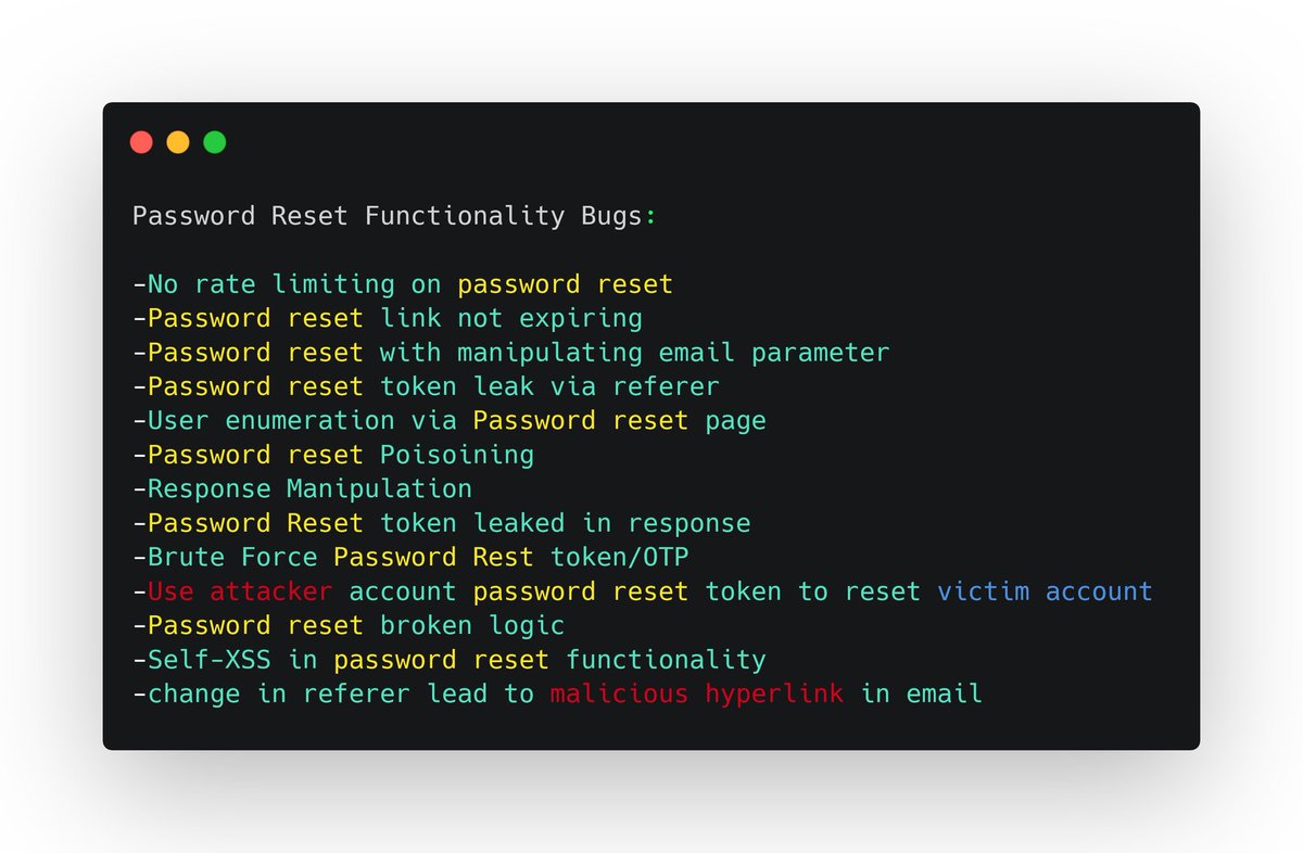 sumit_cfe's tweet photo. Password Reset Functionality Checklist

#bugbounty #CyberSecurity #infosecurity https://t.co/l4i4IsXffO