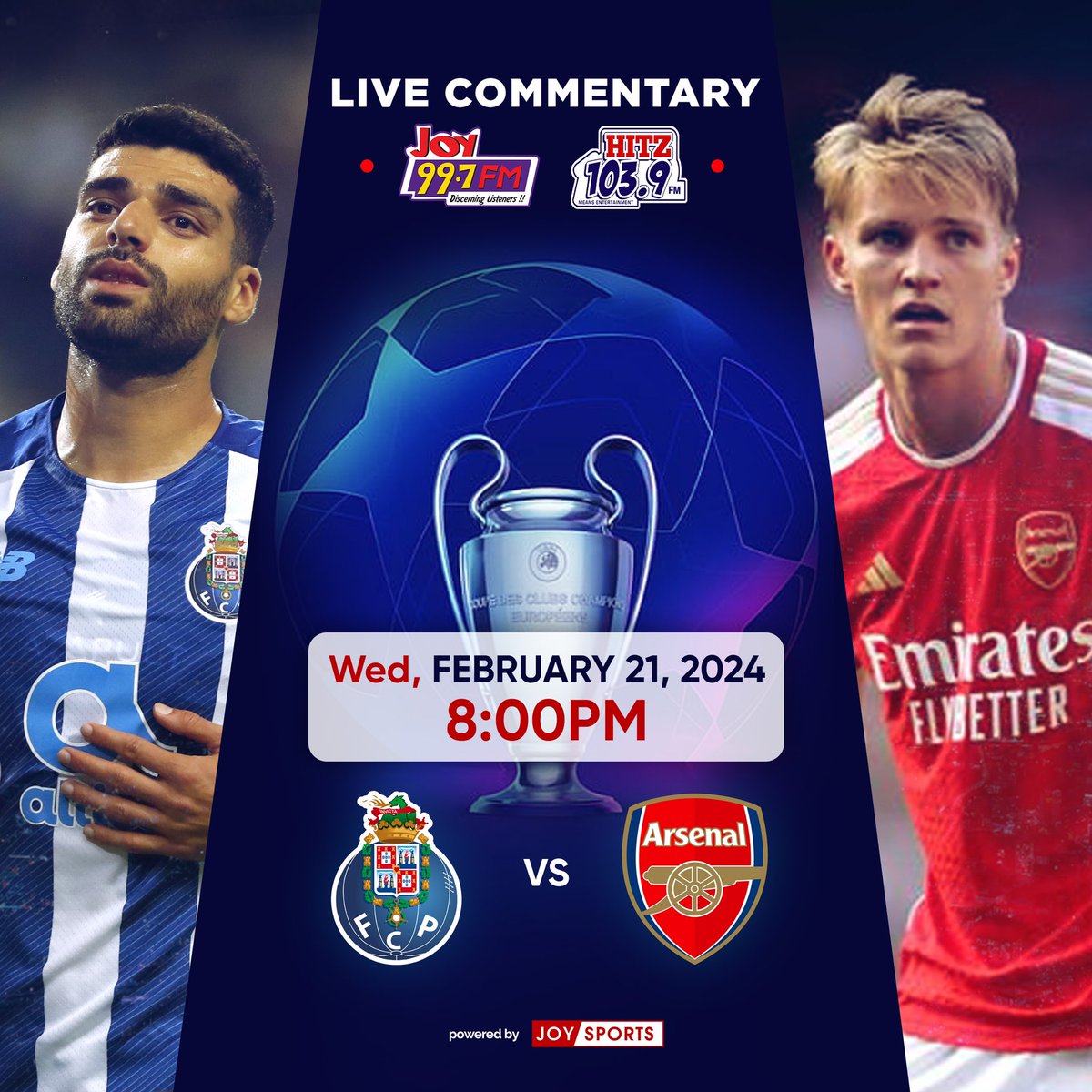 JoySportsGH's tweet photo. Arsenal take on Porto in the #UCL last 16 at 8 pm.

@Dani77k will bring you live commentary on @Joy997FM and @Hitz1039FM.

Tune in 

#JoyUCL https://t.co/5bcNrjKJtm