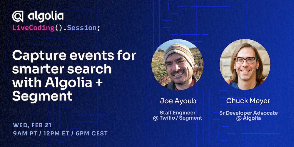 algolia's tweet image. 🔴 Our #LiveCodingSession with @Segment is about to start!
Expect to see real code, step-by-step integration processes, and specific strategies for capturing and leveraging search data. 👨💻
You can join the event directly by clicking on this link: algolia.zoom.us/j/92508353789