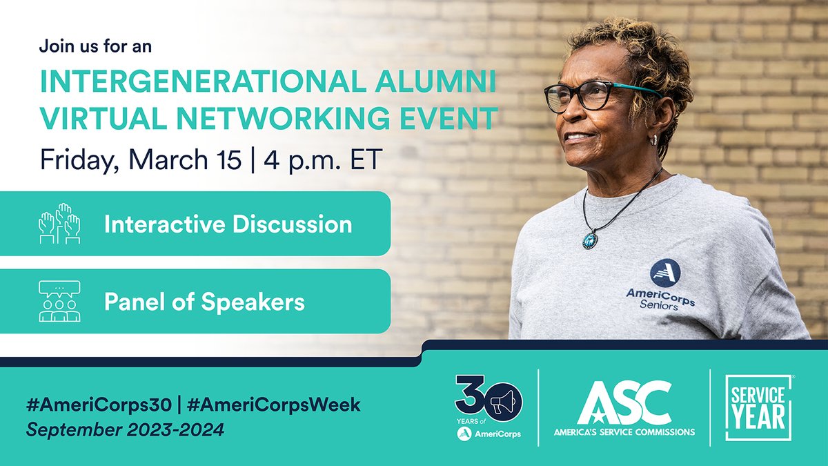 🚨Intergenerational Alumni Virtual Networking🚨 March 15 l 4 p.m. ET Celebrate #AmeriCorpsAlums with us, @AmeriCorps & @statecommission! Hear how alums and volunteers have helped AmeriCorps transform communities for the past 3⃣ decades: Bit.ly/AlumsMarEvent