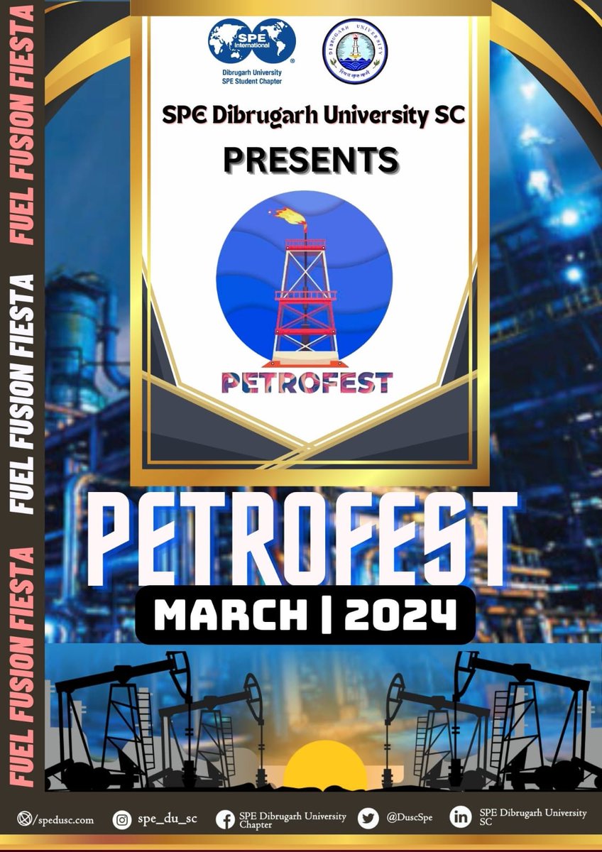 DuscSpe's tweet photo. Greetings from SPE DU SC

The chapter is exhilarated to announce it's largest oil and gas extravaganza "Petrofest 2024", scheduled from 15th - 17th March 2024.Featuring technical conferences, paper presentations, and fun activities like quizzes and football, etc. https://t.co/WM7dEC0Yb4