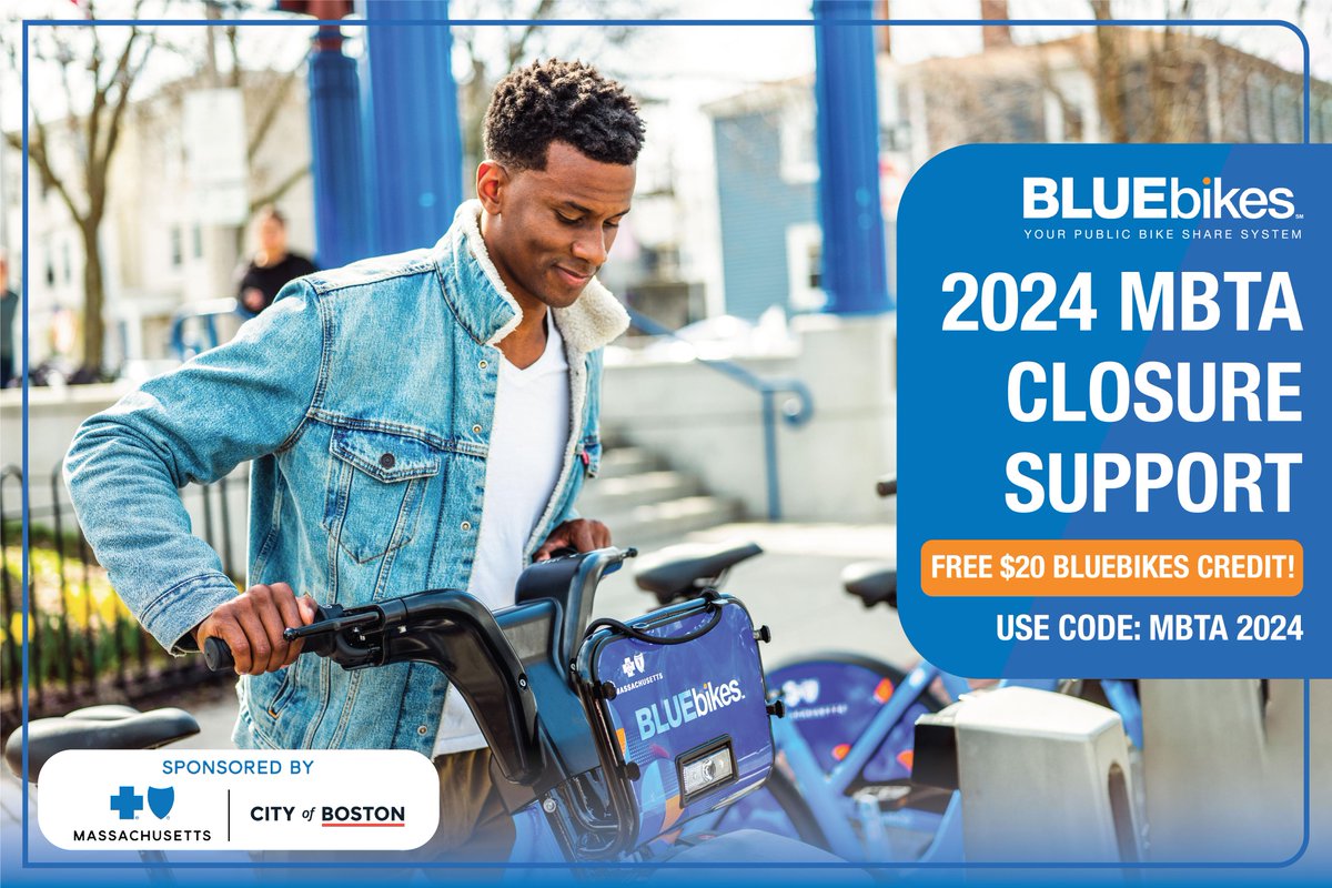 Need a ride with the Green Line closure? Thanks to @BCBSMA and @CityOfBoston, all Greater Boston residents can claim a FREE $20 Bluebikes credit for pedal or ebikes by using code MBTA2024 in Bluebikes app. Take advantage while supplies last. #MBTAclosure lft.to/3uRd6bc