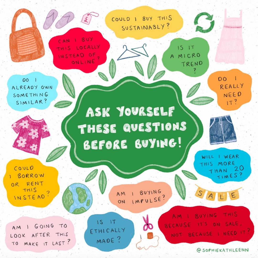 These questions are the perfect guide to buying LESS and loving what you already own! Looking for more tips? Join our Closet Audit Workshop TOMORROW! Take the pledge to #DoLessForThePlanet to get access: 5gyres.org/dolessforthepl… 🎨: Sophie Kathleen