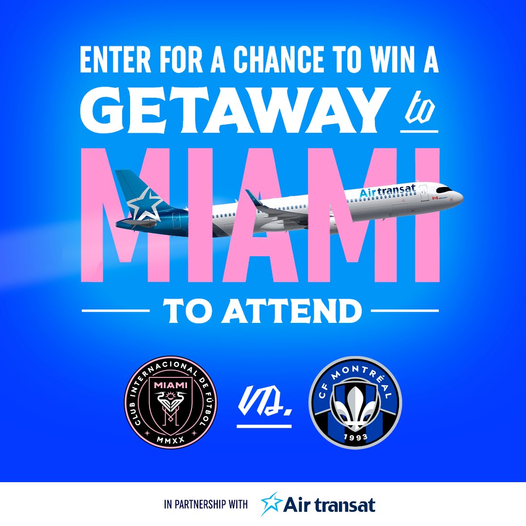 🚨 CONTEST 🚨 To celebrate our new partnership, CF Montréal and @airtransat are happy to offer you a getaway for two to Miami to support the bleu-blanc-noir 🌴 That includes: - 2 tickets to see @InterMiamiCF vs CF Montréal on March 10 - 2 round-trip plane tickets - 2 nights