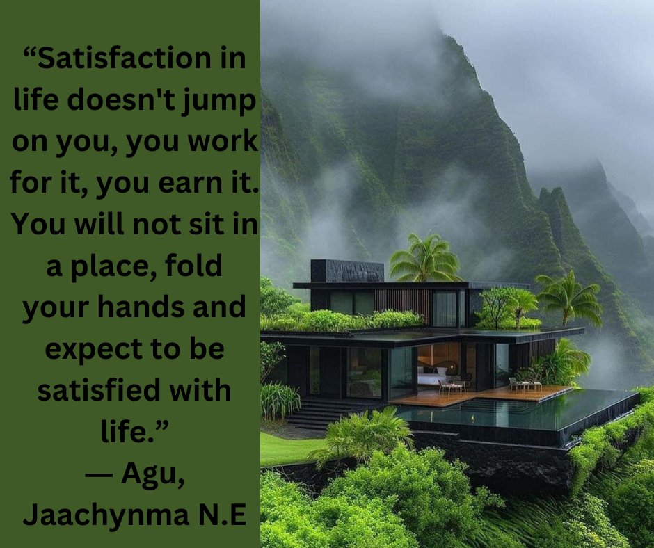 “Satisfaction in life doesn't jump on you, you work for it,...― Agu, Jaachynma N.E 
#accomplishment, #faith, #higherliving, #inspiration, #success