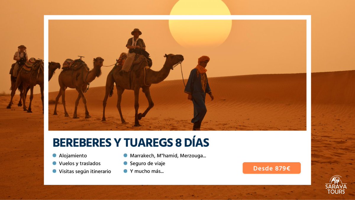 Vive un viaje por Marruecos lleno de aventura.

Te mostramos lo mejor de la ciudad y el desierto, y el lugar donde se rodaron películas famosas.

Haz clic en el link sarayatours.es/reservar/bereb…

#sarayatours #marruecos