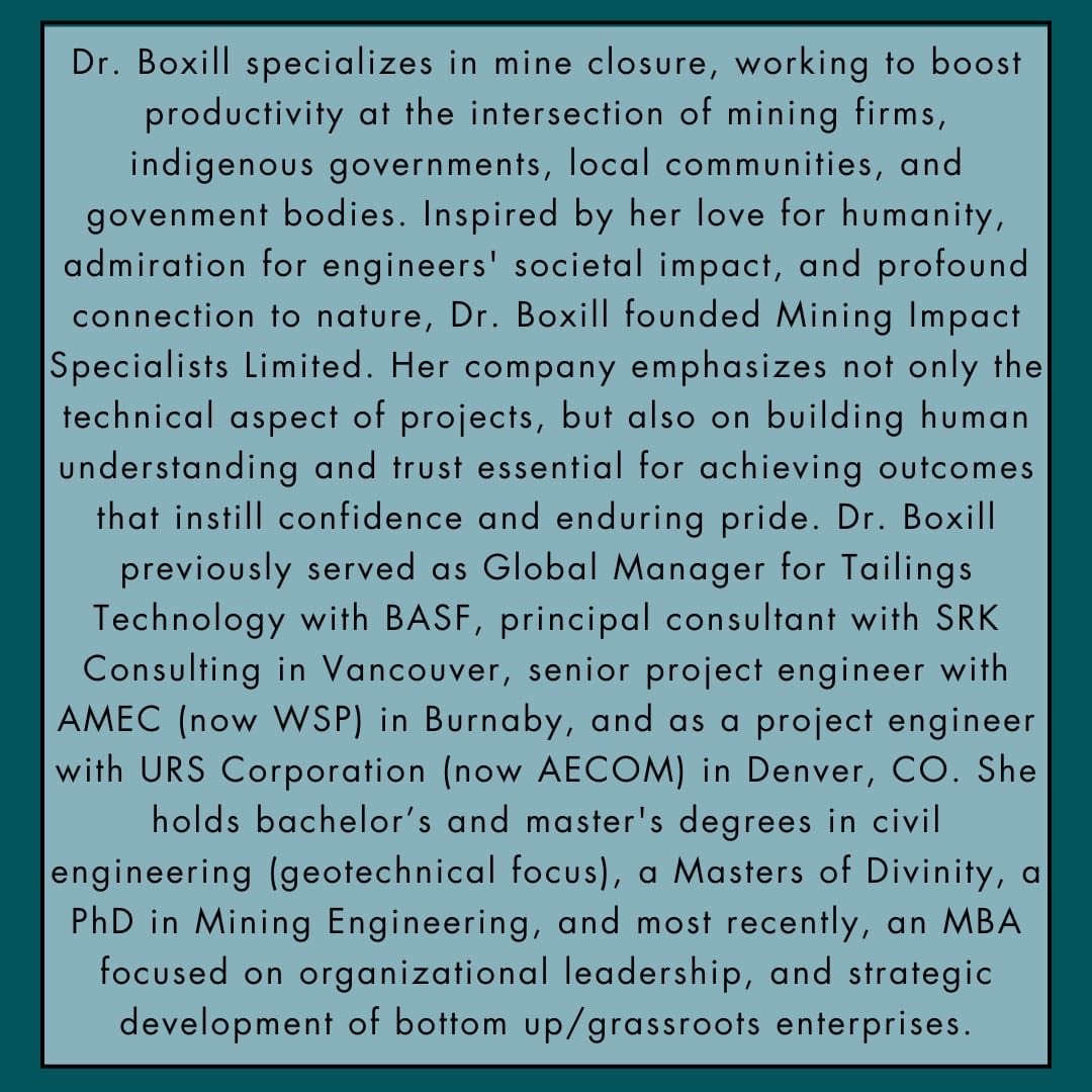 GeoInstituteSLC's tweet photo. The #GeoCongress2024  is approaching and here is one of our panelists, Dr.  Lois Boxill. She is a strategist of mine closure at Mine Impacts Specialist, Ltd. 

Come and hear more about our panelist, during the Professional Development Workshop on Feb. 25th at 2:30 pm (PST). https://t.co/hfU1SnfTRB