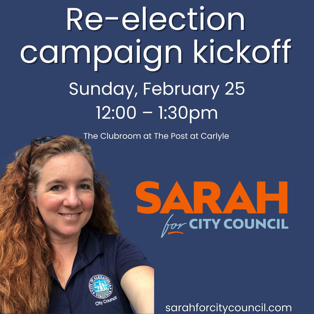 SarahforALX's tweet photo. I am kicking off my re-election campaign Sunday Feb 25th from 12-1:30pm. Come out and meet me, learn where I stand on the important issues facing Alexandria, and get involved with our people-powered campaign! #Sarah4ALX https://t.co/op3TW6wDxC https://t.co/yfGbUSkwN2