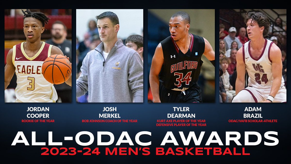 All-ODAC Men's Basketball Awards announced. @goquakers Tyler Dearman is both POY and D-POY. @RMCathletics Merkel is COY. @BCAthletics Jordan Cooper is ROY. @HSCathletics Adam Brazil is ODAC/@VaFarmBureau Scholar-Athlete #ODAC #d3hoops odaconline.com/news/2024/2/20…