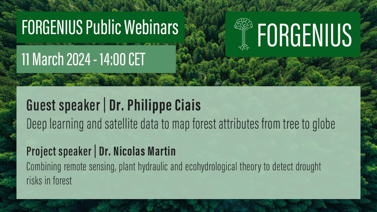 📢Save the date for #FORGENIUS third public webinar!

📅 11 March 2024 - 14:00 CET

🛰️Learn about mechanistic modelling and cutting-edge satellite tech &amp; AI for comprehensive tree assessment🔎🌳

Register now! 👉bit.ly/3UIsGAF