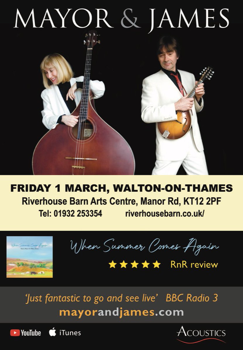 Simon Mayor &amp; Hilary James play the lovely Riverside Barn Arts, Walton-on-Thames, Friday 1st March 8.00pm T. 01932 253354 Riverhousebarn.co.uk   youtu.be/m9O3iqz0RS4
#WaltononThames @simonmandolin #mandolin
