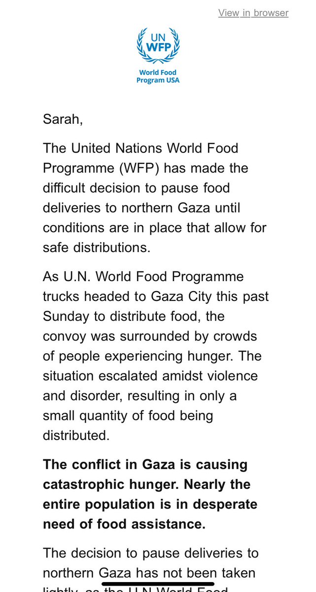 SarahHasanAlam's tweet photo. Just received this distressing email from @WFP.  I am so angry.
Why can’t they just drop food packets - somehow?
How does stopping food distribution help anyone?
What kind of an aid organization gives up?? What a disgrace to humanity. https://t.co/7GpFST5OUf