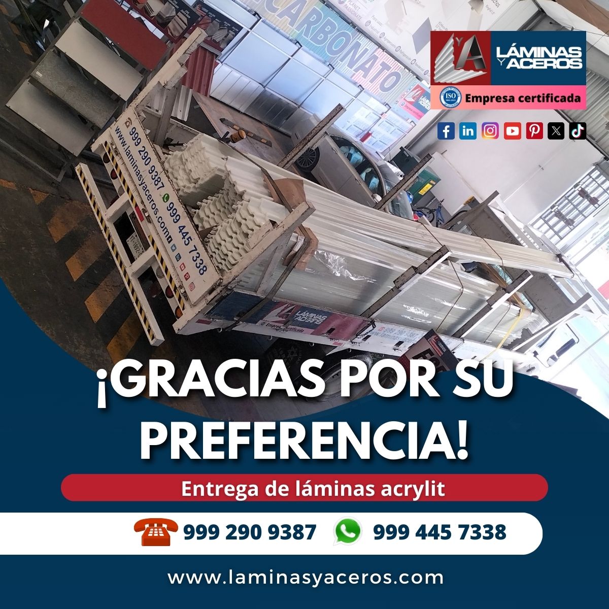 Laminasyaceros's tweet photo. ¡Gracias por elegirnos! Entrega de láminas acrylit 🚚
¡Contáctanos! ☎️999 290 9387 📱999 445 7338
📍 Calle 35 no 271-D x 16 y 16-A Col. Santa María, Mérida, Yucatán, México, 97138.
🕛 Lunes a Viernes 8:00 am a 6:00 pm y Sábados 8:00 am a 2:00 pm.
#LYA #Acrylit #LáminasdeAcrílico https://t.co/Q8nMXpPbNp