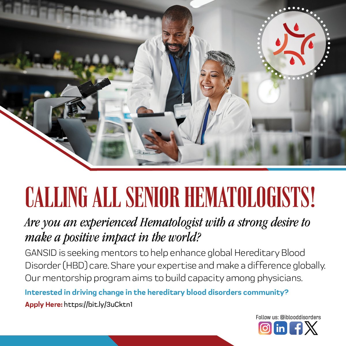 #GANSID is seeking mentors to help enhance global Hereditary Blood Disorder care. Share your expertise and make a difference globally. Our mentorship program aims to build capacity among physicians. Want to make a difference in the HBD community? Apply: bit.ly/3uCktn1