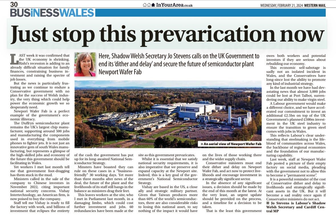 Tory ministers must end their dither and delay on Newport Wafer Fab. Urgent action is needed to safeguard jobs and attract investment into this crucial sector.

Read my latest article in today's #WesternMail @WalesOnline👇