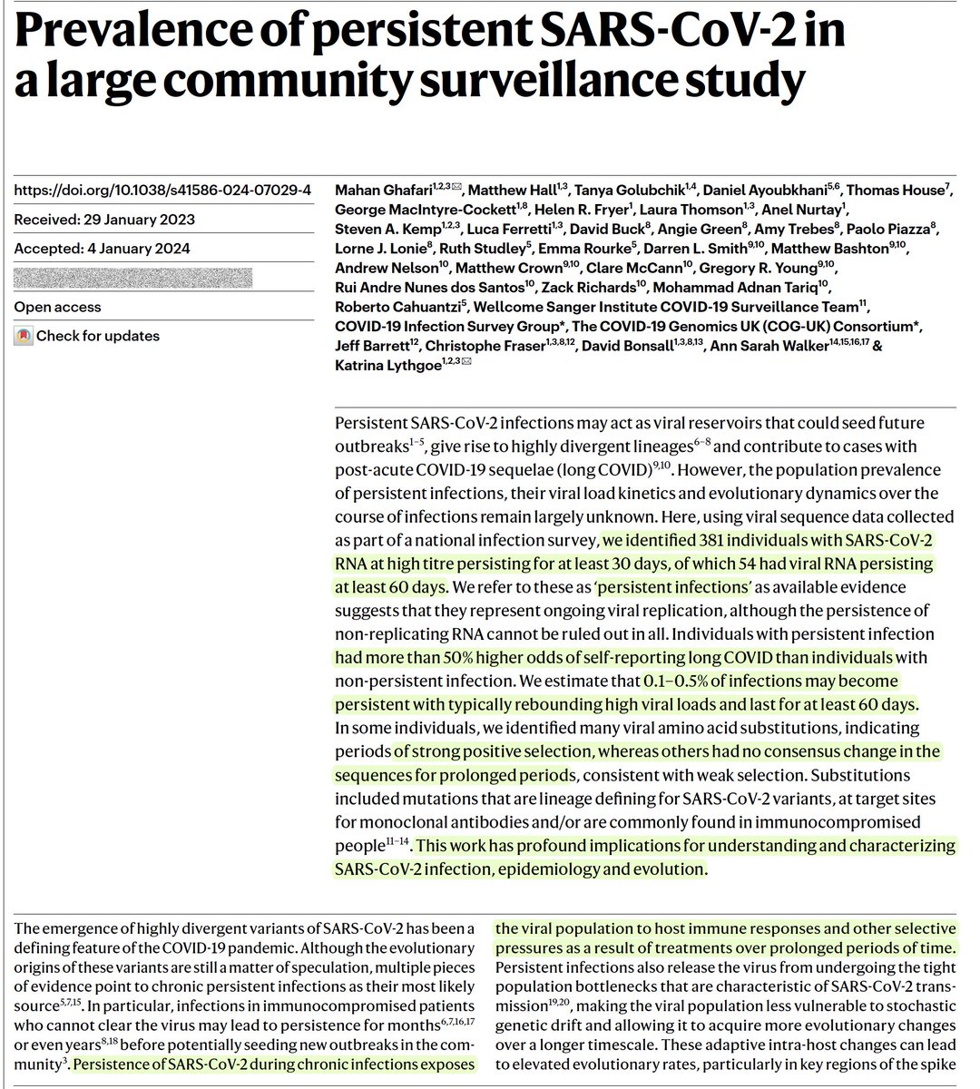 EricTopol's tweet image. Important new study of persistent #SARSCoV2 infections and #LongCovid
—1-3 per 100 people  &amp;gt; 1 month
—0.1-0.5%  &amp;gt;2 months
—High rebounding viral loads in many suggest actively replicating virus
—&amp;gt;50% higher risk of #LongCovid
nature.com/articles/s4158…