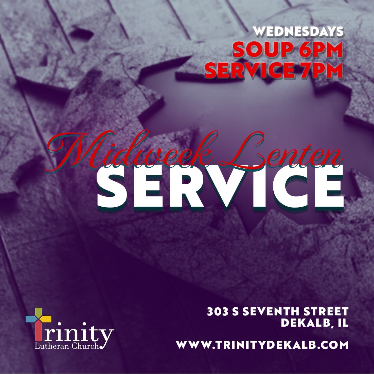 Join us for our Midweek Lenten services, Wednesday evenings until Holy Week!

Soup and Salad at 6pm
Service at 7pm

#dekalb #dekalbillinois #dekalbil #sycamore #sycamoreillinois #sycamoreil #church #churchservice⛪️ #worship #lent #faith #christianity #christian