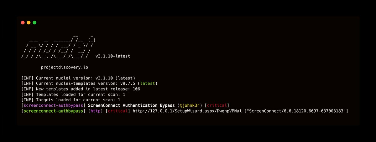 DhiyaneshDK's tweet image. 🚨Scan for ConnectWise ScreenConnect: Authentication Bypass using  @pdnuclei

Nuclei Template :- github.com/projectdiscove…

Contributed by @johnk3r 

 #bugbounty #hackwithautomation #pdteam #ConnectWise  #ScreenConnect
