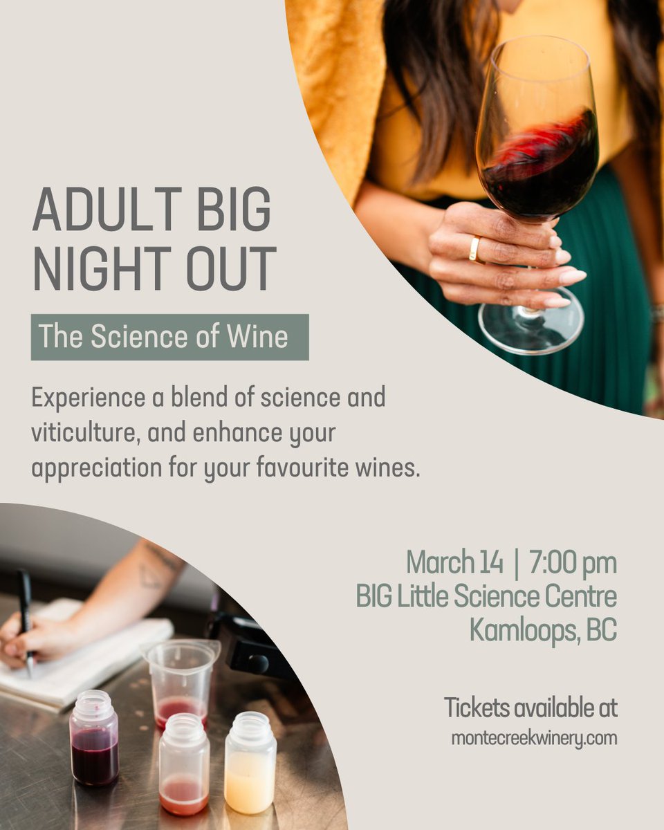 Join us at the BIG Little Science Centre with winemaker, Galen Barnhardt, as he shares insights into sustainable grape growing and winemaking practices. 

Enjoy access to the hands-on room, a curated wine tasting and light snacks.

Get your tickets here: montecreekwinery.com/product/the-sc…