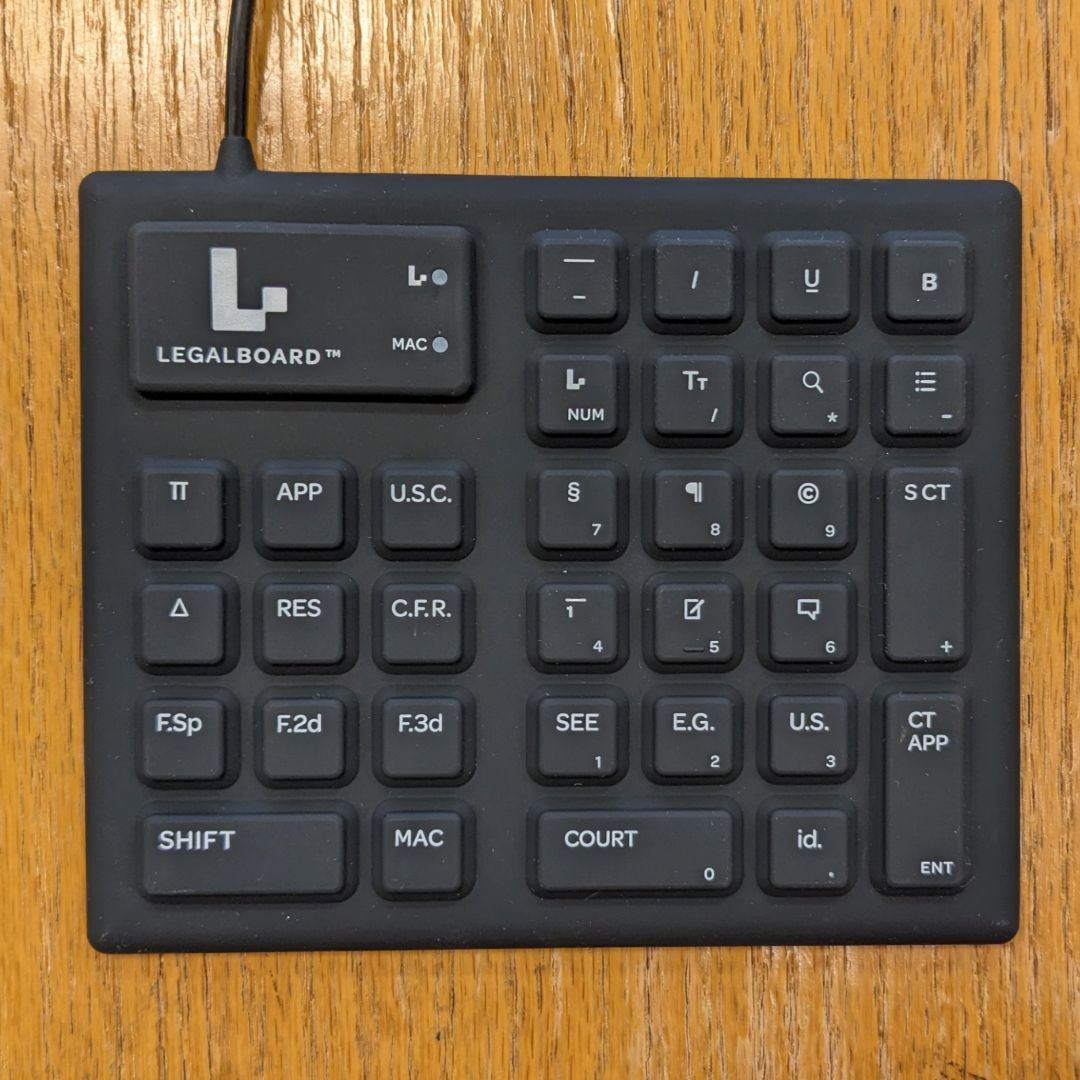 The Law Library has acquired three new legal keyboards that have dedicated keys for legal typing, like a § and a ¶ key. These keyboards are available for 24-hour checkout periods.