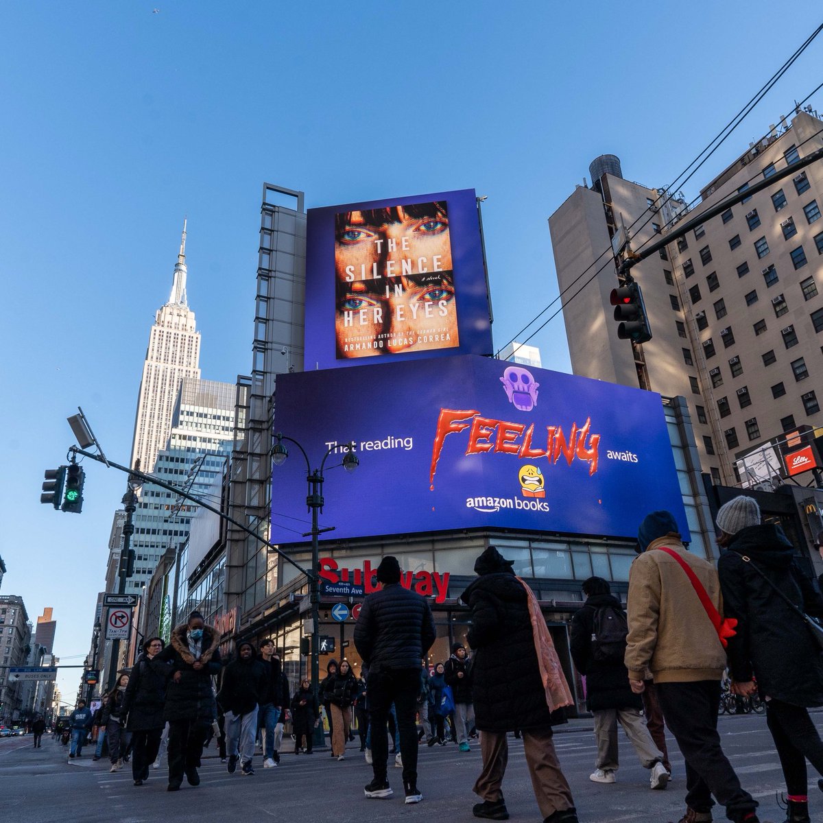 This is a dream come true! I’m thrilled to share that The Silence in Her Eyes is on the @amazonbooks billboard in NYC! Check out my new book here: bit.ly/42Jc25I #thatreadingfeelingawaits