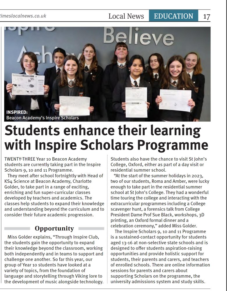 Thank you to the @timeslocalnews for sharing news about our students' experiences through the Inspire Scholars Programme with @StJohnsOx. timeslocalnews.co.uk/tunbridge-well… #Inspire #OxOutreach #MakeYourMARK