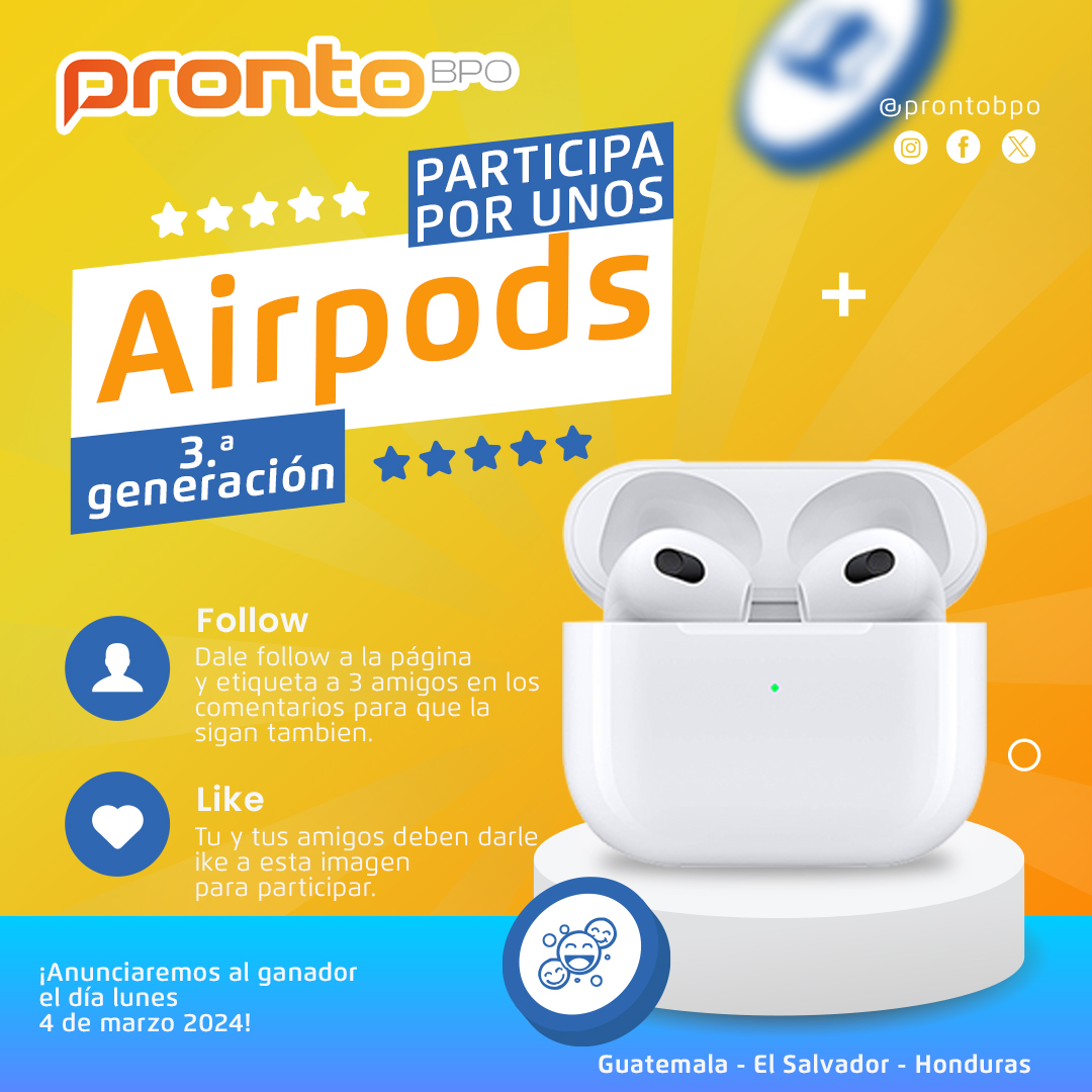 ProntoBpo's tweet photo. 🎧 🎉 SIGUE NUESTRA PÁGINA EN INSTAGRAM!
Estás listo para llevar tu experiencia en llamadas al siguiente nivel? Participa en nuestra rifa de unos AirPods de última generación https://t.co/BxO6LuzW0q

#AirPods #callcenter #contactcenter #callcentervibes https://t.co/fl0hxbUK2c