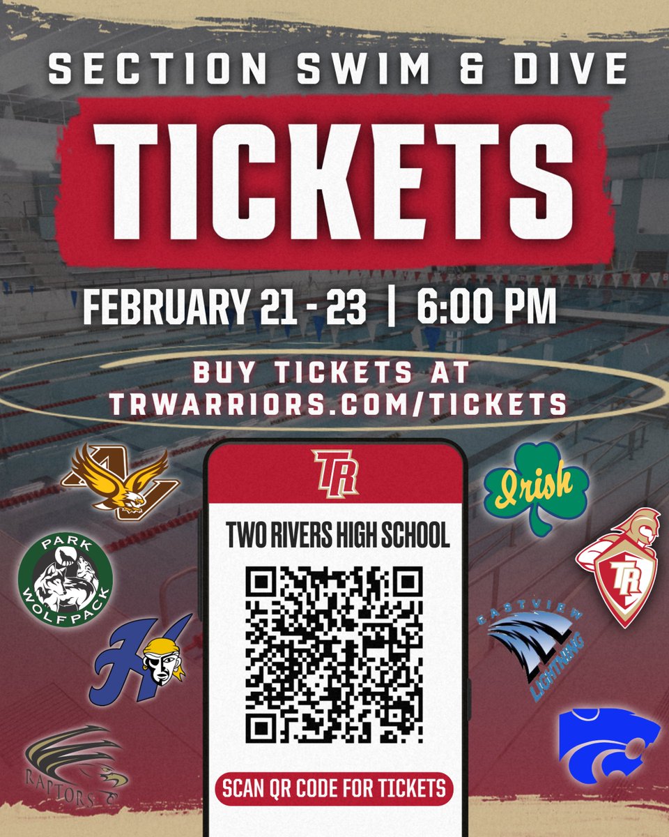 🏊‍♂️ Section 3AA Boys Swim PRELIMS kick off tonight @ Two Rivers Aquatic Center! Get your tickets here and don't miss out on the action.