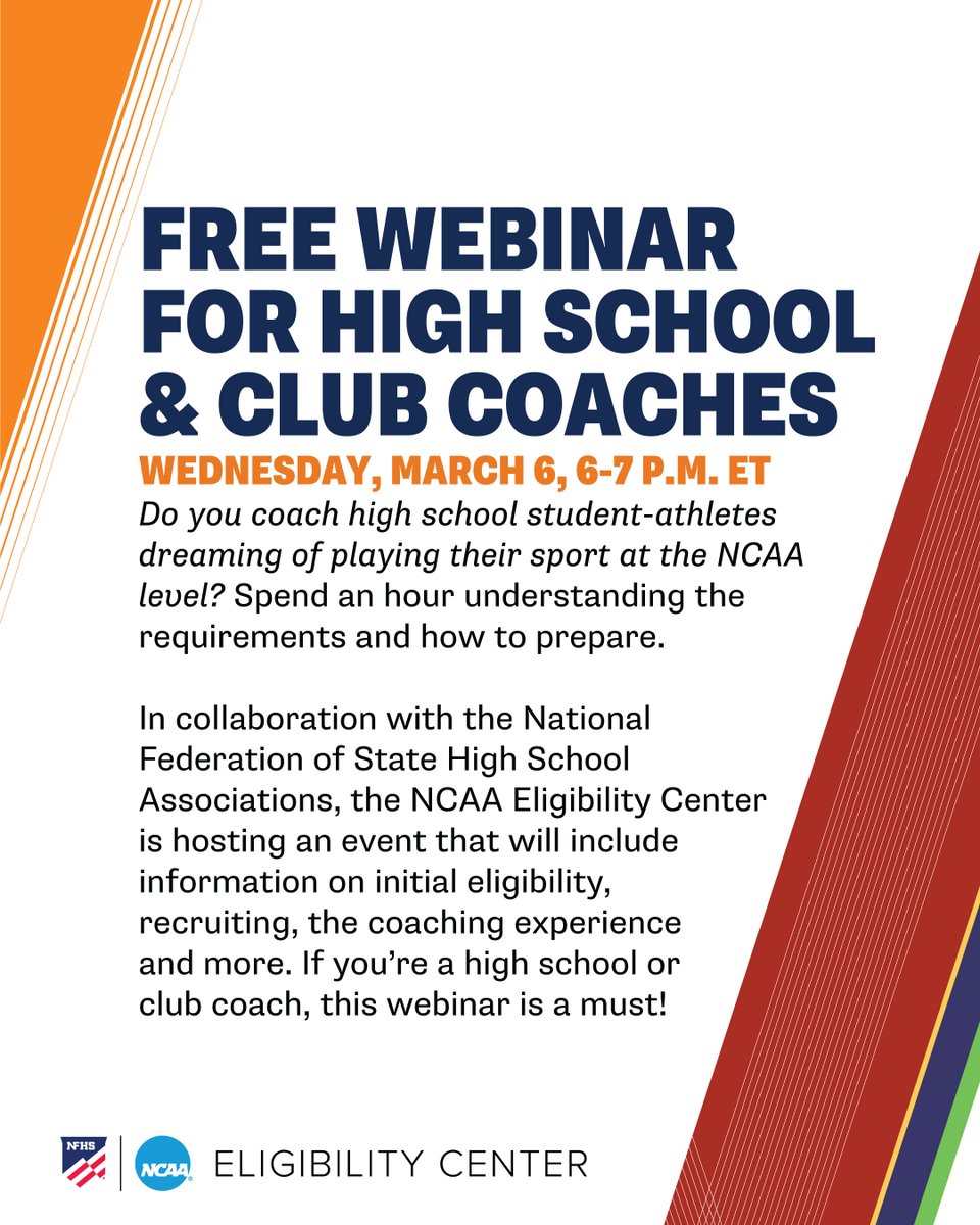 Do you coach student-athletes dreaming of playing a sport at the <a href="/NCAA/">NCAA</a> level? Register for the free <a href="/NFHS_Org/">NFHS</a> and <a href="/ncaaec/">NCAA Eligibility Center</a> webinar for high school and club coaches.

🔗 on.ncaa.com/Web_03062024
<a href="/EPassinoNFHS/">Ed Passino</a>