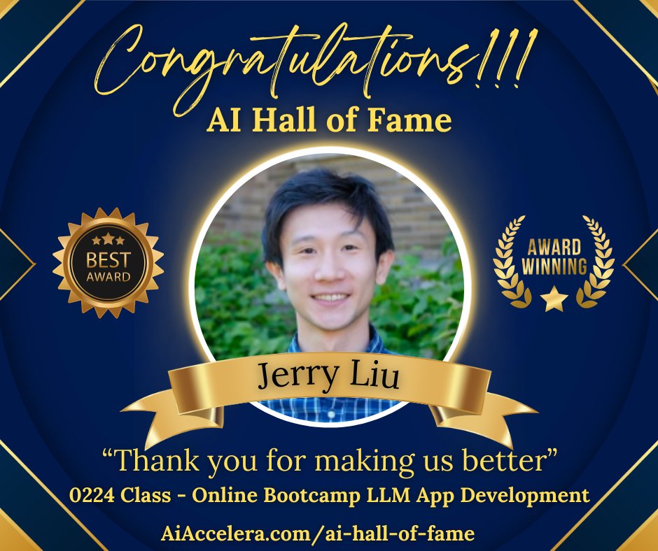 aiAccelera's tweet photo. The students of our Online Bootcamp in Generative AI and LLM Application Development have voted the members of our AI Hall of Fame. Congratulations to @jerryjliu0 from @llama_index! https://t.co/Gv9DcfbOqI