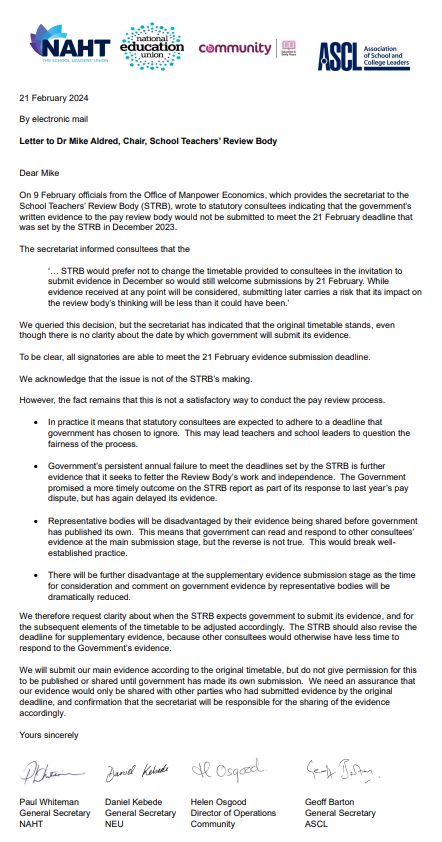 NEUnion's tweet photo. Today @GillianKeegan missed her own deadline to submit recommendations to the STRB. 

 It is simply unacceptable that @educationgovuk  has again delayed this process further.

We have written this letter along with @NAHTnews, @ASCL_UK &amp; @CommunityUnion👇#InvestInEducation https://t.co/QfmurXHEi7