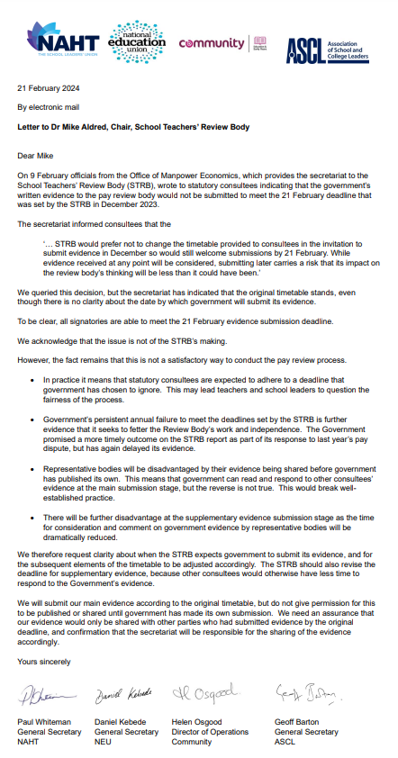 Today @GillianKeegan missed her own deadline to submit recommendations to the STRB. It is simply unacceptable that @educationgovuk has again delayed this process further. We have written this letter along with @NAHTnews, @ASCL_UK & @CommunityUnion👇#InvestInEducation