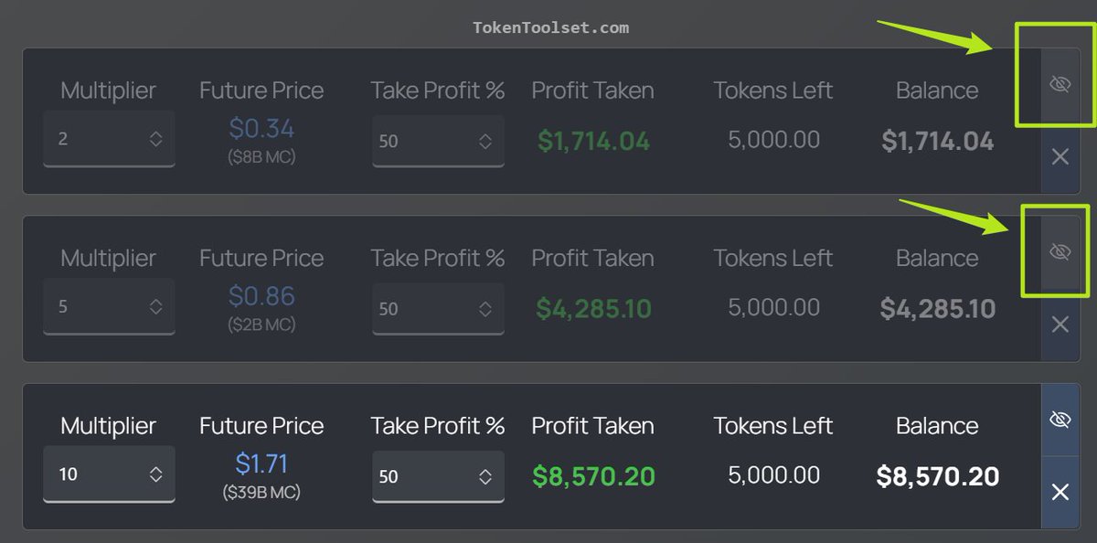UI Updates::

Take-Profit Planner now includes an 'exclude' button to temporarily exclude an item so you can quickly compare your profits if specific milestones are skipped/missed.

#ExitStrategy #crypto #buildwithcoingecko