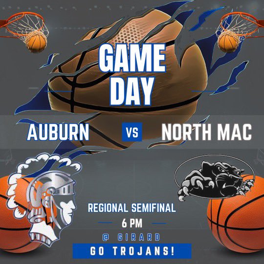AuburnTrojansBB's tweet photo. 🔵⚪️GAMEDAY🔵⚪️
Trojans (25-6) kick off IHSA postseason play as they take on host North Mac (17-15) in the regional semifinal at 6pm in Girard. Be there and BE LOUD!
#TrojanNation #NoExcuses #KernStrong 🧡 https://t.co/U8XiKfEQ63