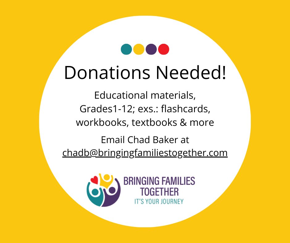💛#Donations needed!💛 Educational materials,  grades 1-12 - flashcards, workbooks, textbooks & more! Will be used with kids in transition – kids not enrolled in school, spending days in our office, etc. Email chadb@bringingfamiliestogether.com. #educationalmaterials #fostercare