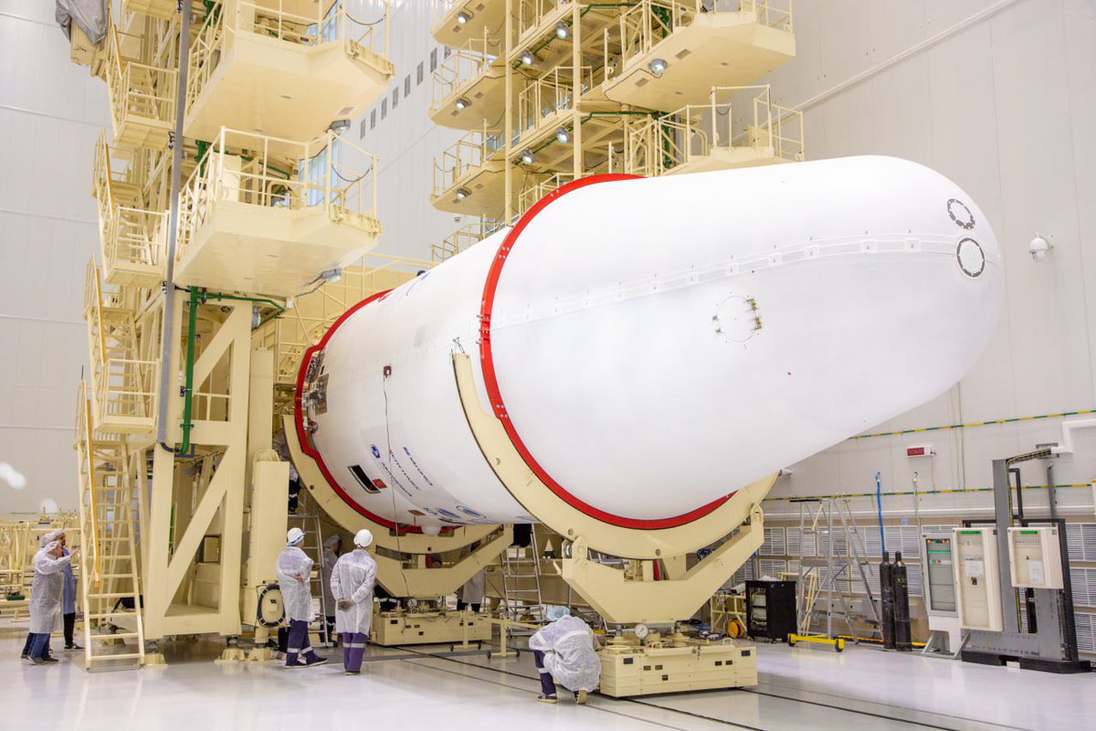 katlinegrey's tweet photo. The so called “head part” (Fregat upper stage, payload and fairing) of #Soyuz2.1b has been assembled on Vostochny. It will launch #MeteorM No 2-4 and a number of smallsats on February 29. https://t.co/VuoTPwSciu