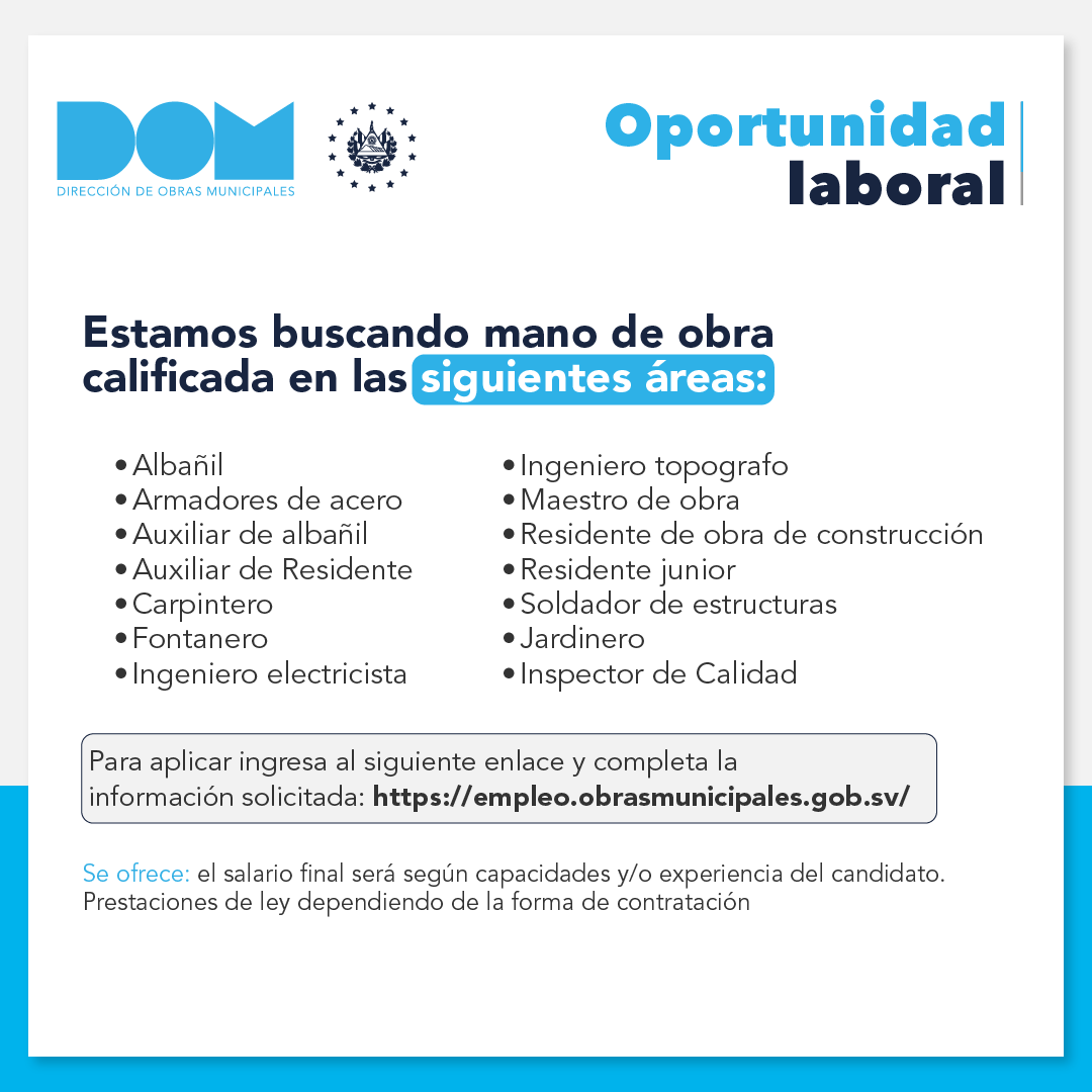 ObraMunicipal's tweet photo. ¡Oportunidades laborales para la zona paracentral! 🚨si resides en Cabañas, La Paz, Cuscatlán y San Vicente aplica ya mismo.

Forma parte de nuestro equipo #EnLaDirecciónCorrecta. 🇸🇻 https://t.co/hzfJzb9kd6