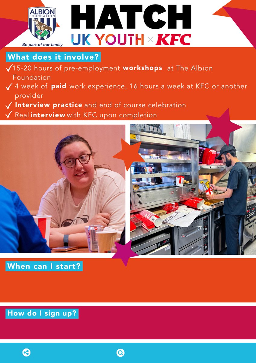 Heard of Hatch? It's a fantastic employability programme for 16 - 25 year olds. 15-20 hours of pre-employment workshops and 4 weeks of paid work experience. For more information contact Tom.lane@albionfoundation.co.uk <a href="/WBAFoundation/">The Albion Foundation</a> <a href="/sandwellcouncil/">Sandwell Council</a> <a href="/SHAPESandwell/">SHAPE Sandwell</a> <a href="/SandwellYouth/">Sandwell Youth Service</a>
