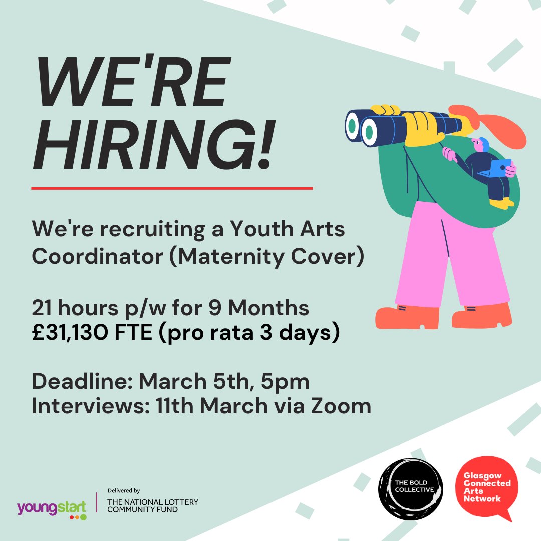 🌟 Job Opportunity: Youth Arts Coordinator (Maternity Cover) 🌟

21 hours per week, £31,130 FTE (pro rata 3 days) 9 months fixed term. April 1st - December 31st, 2024. Find out more and apply: glasgowcan.org/vacancies/

📆 Deadline: March 5th, 5pm

#ArtsJobs #GlasgowJobs #YouthArts