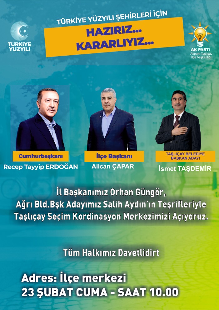 Kıymetli Hemşehrilerimiz

Seçim irtibat büromuzun açılışına tüm halkımız davetlidir. 

TAŞLIÇAY  için Hazırız Kararlıyız.

📅  23 Şubat Cuma
🕰️  10:00
📍 İlçe Merkezi/Türkmen Çay evi
<a href="/ismettas04/">İsmet Taşdemir</a>