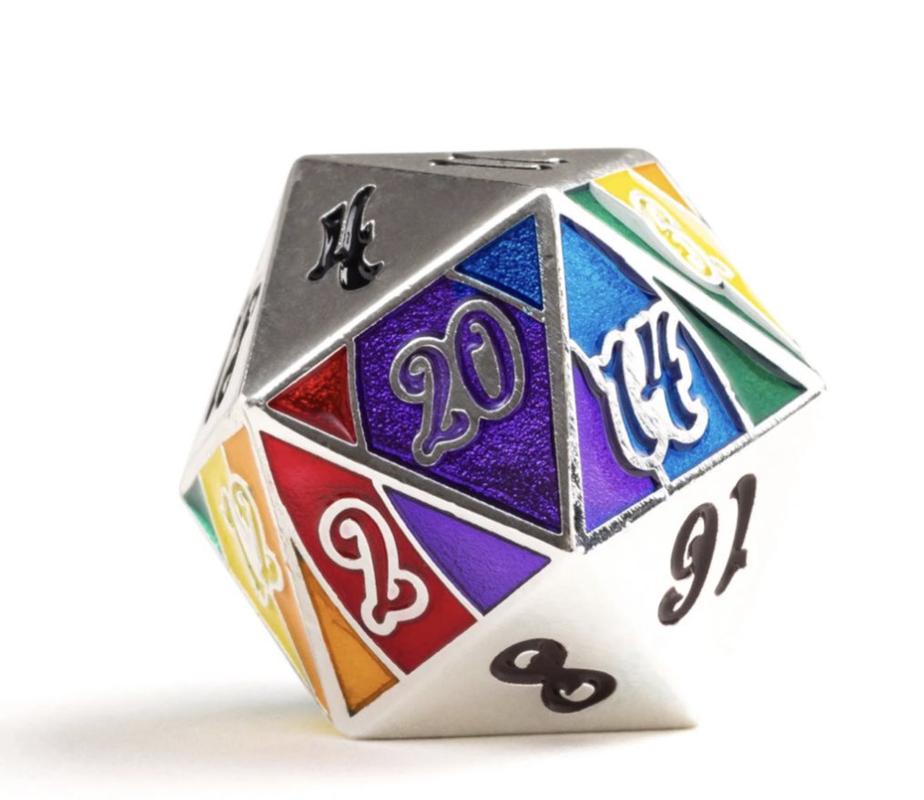 I have not done a give away in a while so let’s give the people what they want!

Big ole chonk pride d20 from <a href="/dieharddice/">Die Hard Dice</a> 

To enter:
✅follow me
✅like this tweet
✅retweet for bonus entry

I’ll pull a winner this weekend. 
(US shipping only)