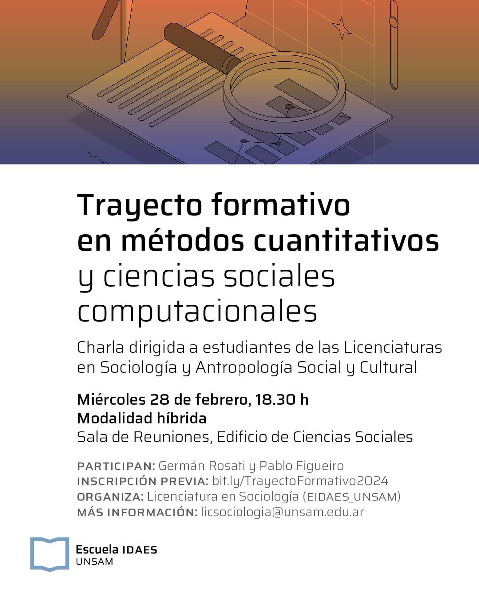 FactorData's tweet photo. Si estudias Sociología o Antropología en @idaesoficial este año reinicia el Trayecto Formativo en Métodos Cuantitativos y Ciencias Sociales Computacionales. 

Hacemos una charla informativa 
🗓 Miércoles 28/02
⏰️ 18:30

Inscripción: https://t.co/E0Q3LCV6HX https://t.co/4OCBrR26Cy