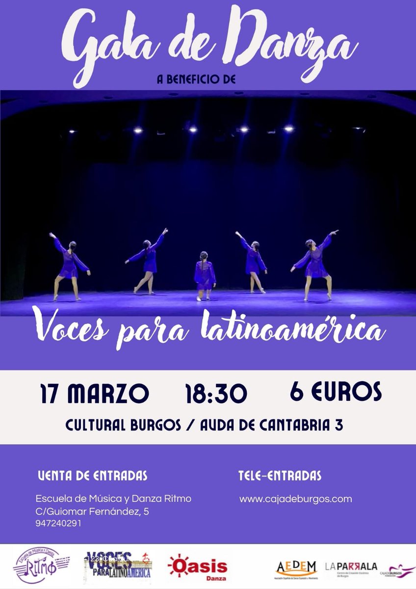 EscuelaRitmo's tweet photo. Un año más las alumnas de @escuelaritmo de Burgos y @oasisdanza de Santander, hemos preparado con mucha ilusión esta #gala  Este año en beneficio de la ONG @vocesparalatinoamerica Os animamos a que vengáis 
#escuelaritmo #escueladedanza #danza #aedem #edem #vocesparalatinoamerica https://t.co/wc6iOJnXzY