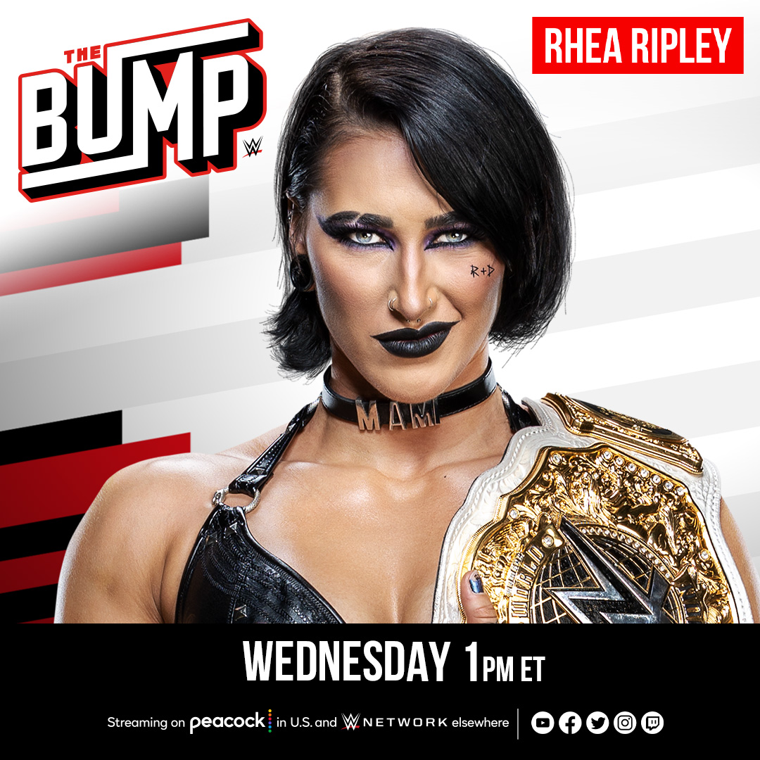 WWETheBump's tweet image. Today at 1 p.m. ET:

😈 @RheaRipley_WWE’s exclusive interview with @catherinekelley

🔥 #WWENXT North American Champion Oba Femi

Don’t miss it! #WWETheBump