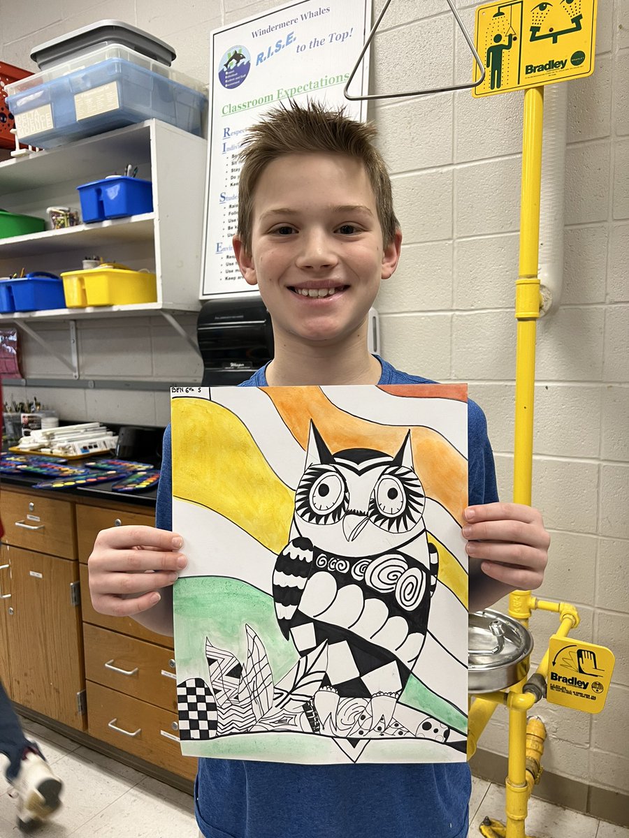🦉 Owl Mixed Media. Zentangle and watercolor Owl. Teaching for Artistic Behavior.  Students selected their subject, medium and technique. Windermere Elementary School