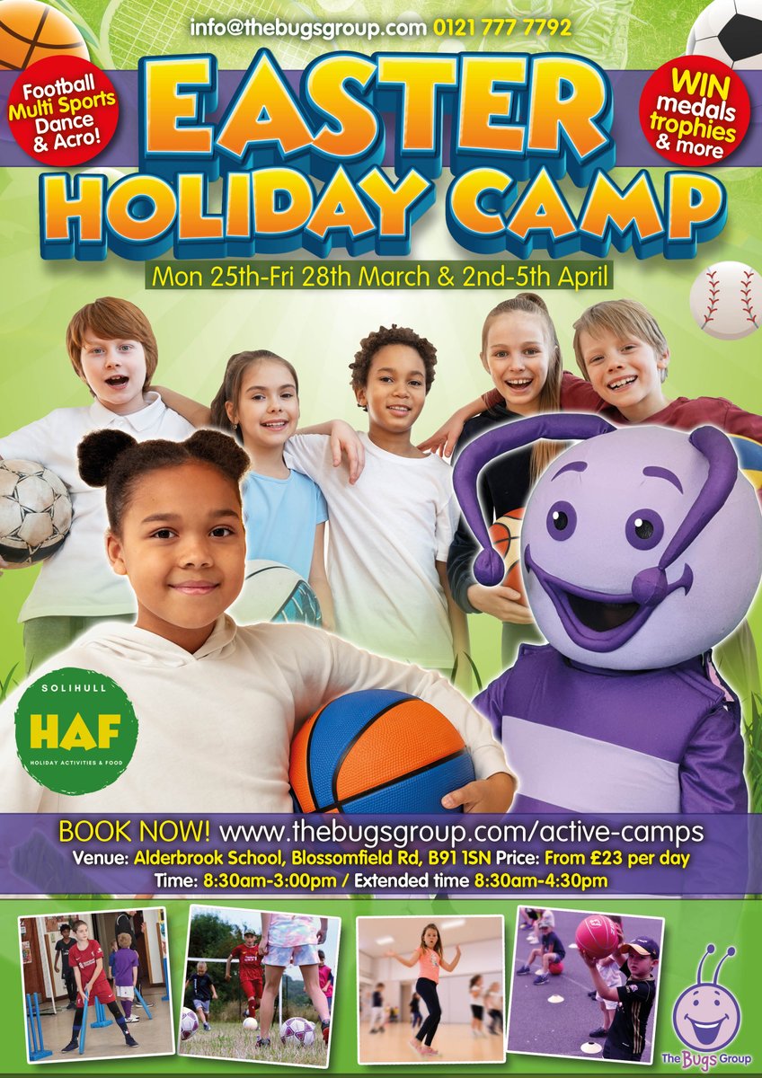 Easter half term will be here sooner than you think! So it's time to talk camps, Solihull, Worcs, Stourport all have Dance, Football, Multi-Sports available to book!  
 
Stourport: 
thebugsgroup.com/burlish-park/ 

Worcs: thebugsgroup.com/northworcester/ 

Solihull:
thebugsgroup.com/aldrebrook/