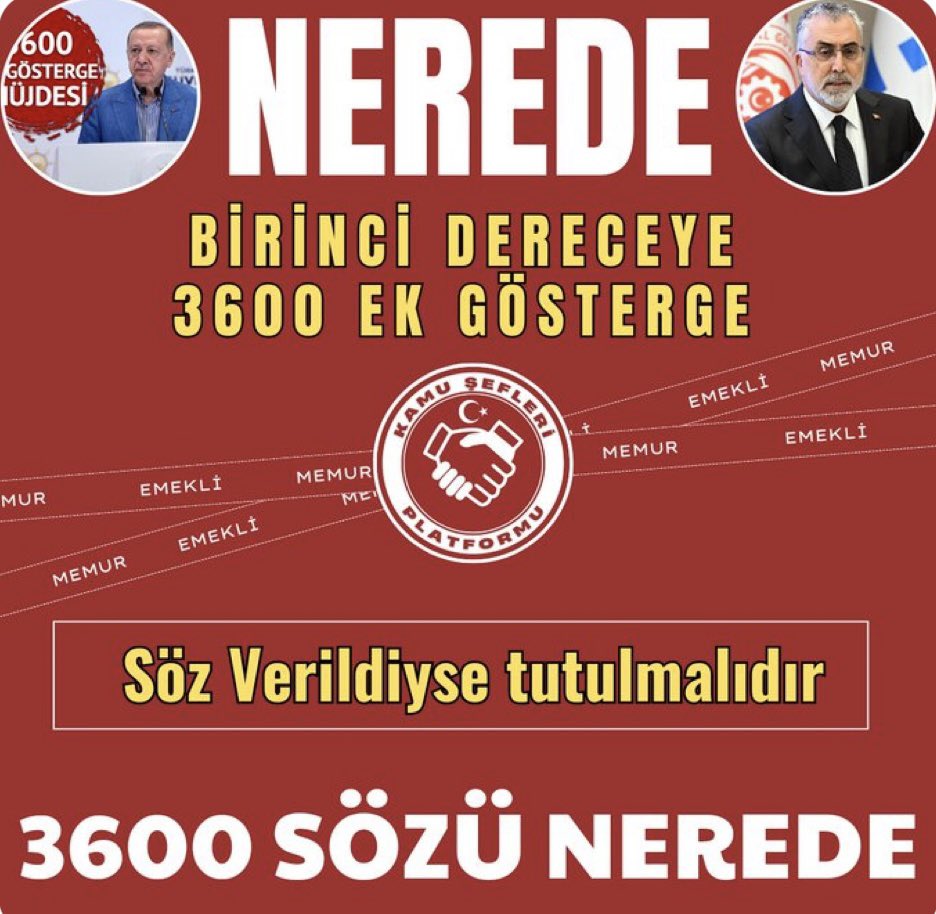 mercan6219's tweet photo. Emekli ve Çalışan Kamu Şeflerinin 3600 Ek Gösterge talebine  kulak verin. Sözünüzü yerine getirin adaleti sağlayın.
#KamuŞefleri seçimden önce 3600 Ek Gösterge bekliyor.
@RTErdogan @_cevdetyilmaz
@isikhanvedat  @avabdullahguler  @akbasogluemin https://t.co/U8bnJWFKTG