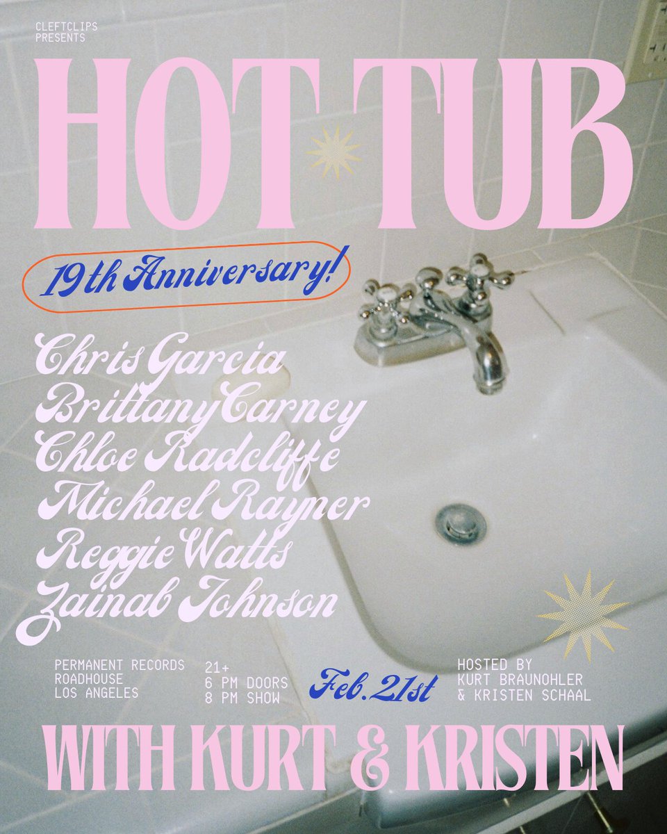 Help us celebrate 19 years of Hot Tub! Tonight at @Permanent_LA w/ @_chrisgarcia @reggiewatts @zainabjohnson #ChloeRadcliffe #BrittanyCarney & #MichaelRayner 
We'll have some door tix!
6pm doors with music & record shopping
8pm Hot Tubbin'! 
Future tix: cleftclips.ticketsauce.com