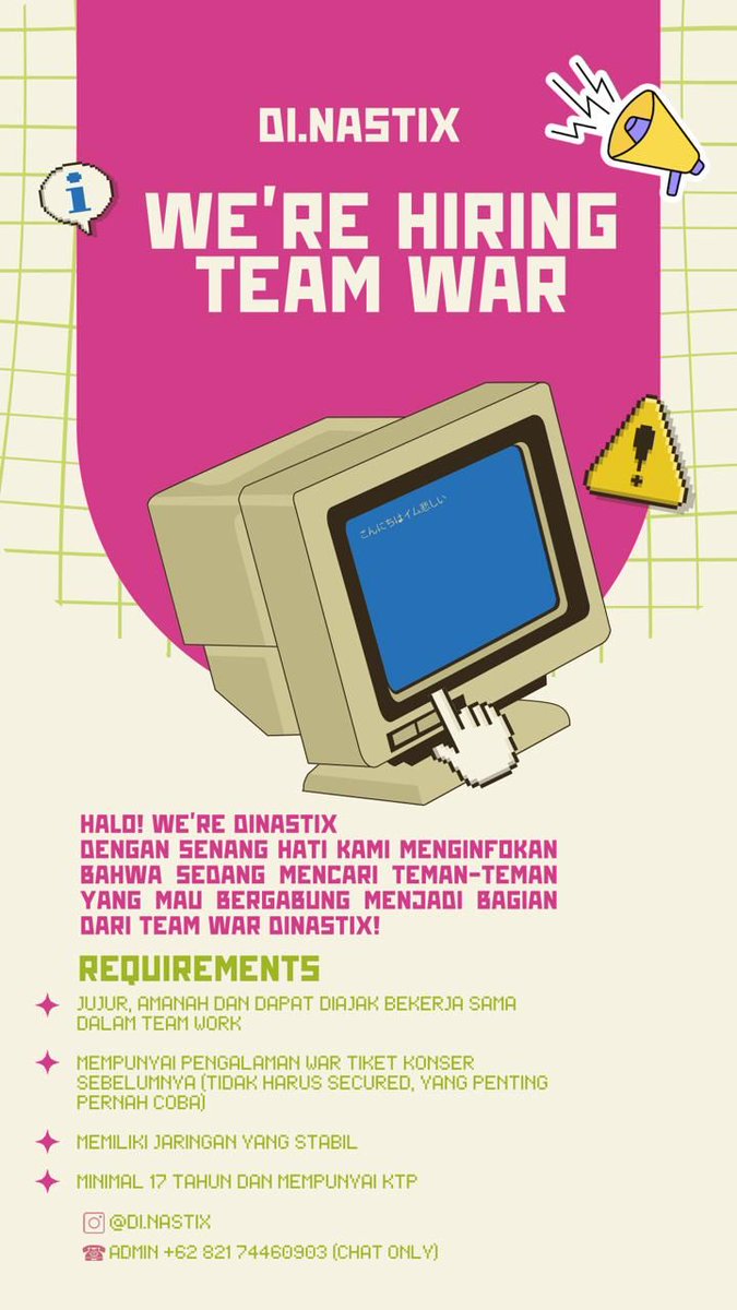 kimnamgiii78's tweet photo. halooo guys, we’re hiring for team war✨🎀 jika berminat bisa menghubungi contact yang tertera yaaa #zonauang #timwar #konser #jastip https://t.co/IeECMwB7dP