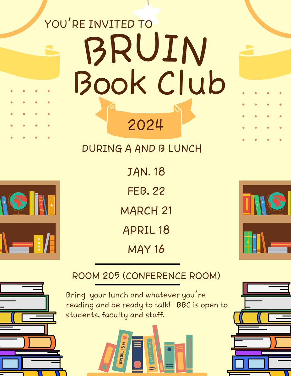 See you tomorrow during A and B lunch in Room 205 for Bruin Book Club!  Bring a friend!  #RockBridgeRocks